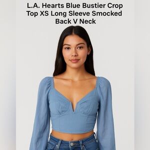 L.A. Hearts Blue Bustier Crop Top XS Long Sleeve Smocked Back V Neck